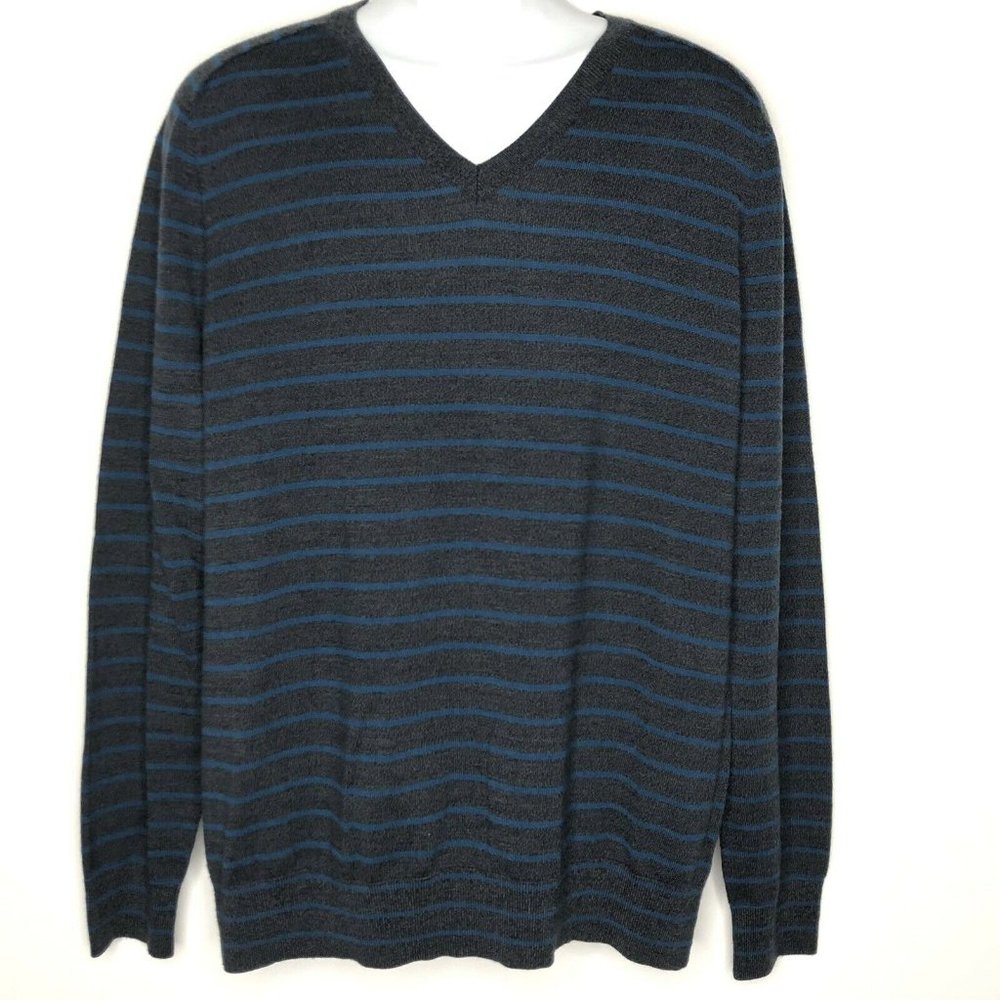 Banana Republic Baruffa Italian Merino Wool Sweater Striped V-Neck Gray Mens XL